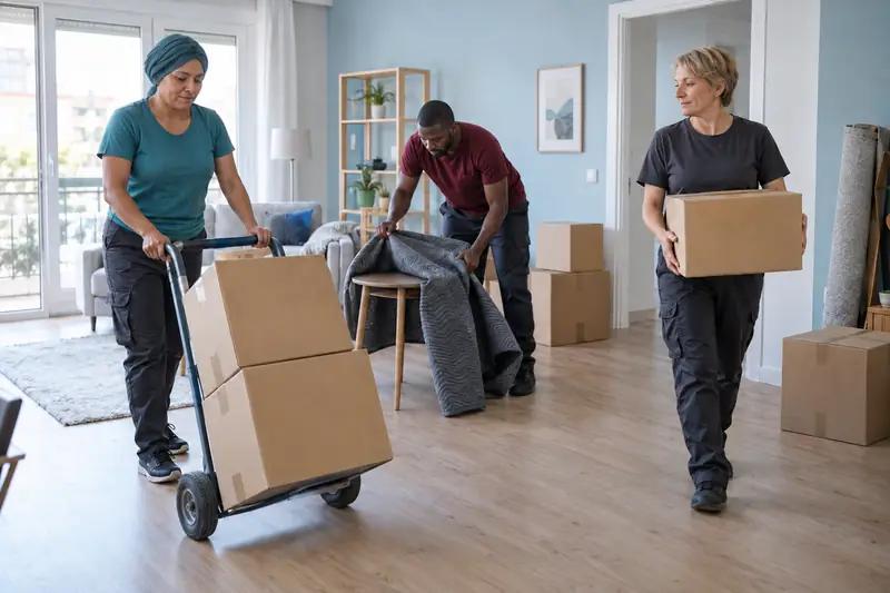 Trois professionnels préparent un déménagement : ils transportent des cartons et protègent les meubles.